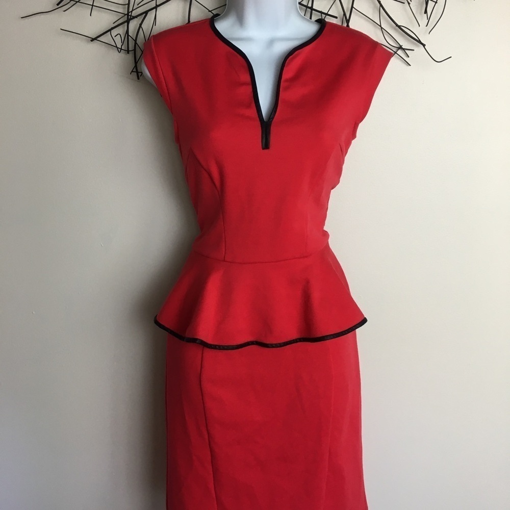 Red peplum small work dress black leather details